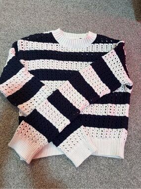Universal Thread Navy & White Striped Open-Knit Crewneck Sweater